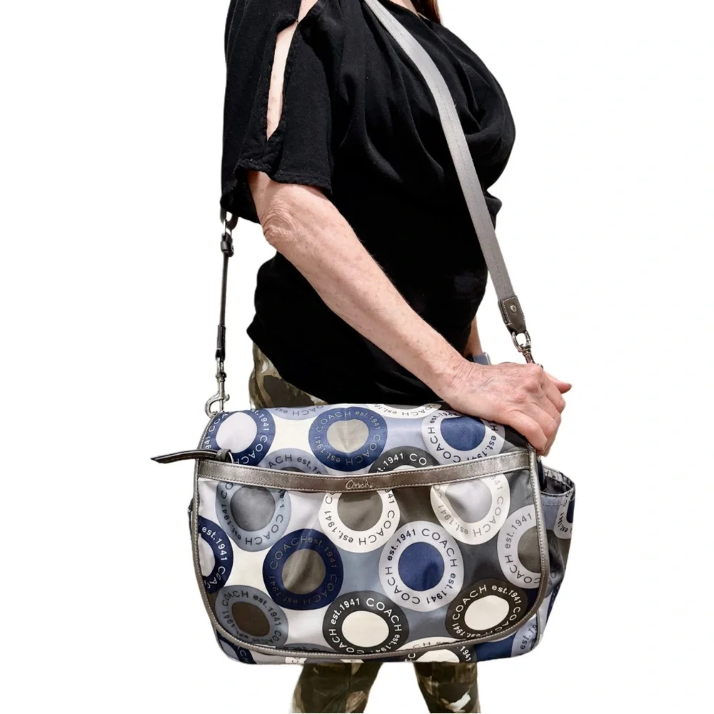 Coach Blue Gray Signature Diaper Bag Laptop Y2K Tote Messenger Crossbody F18377 - Picture 3 of 17